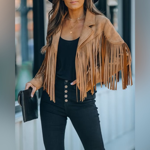 BEST SELLER NWT TAN Western Boho Fringed Faux Suede Jacket RODEO OOTD - Picture 5 of 6